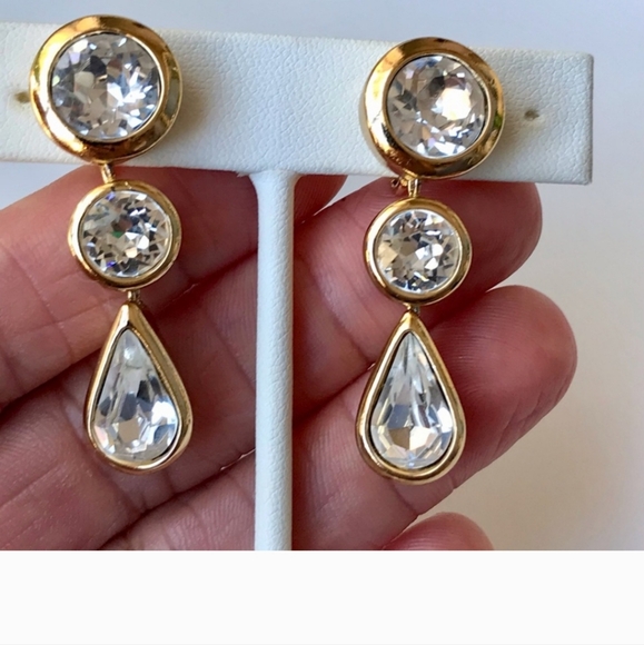 Vintage Christian Dior Water Tear Drop Gold Crystal Clip Earrings EUC - Picture 4 of 9